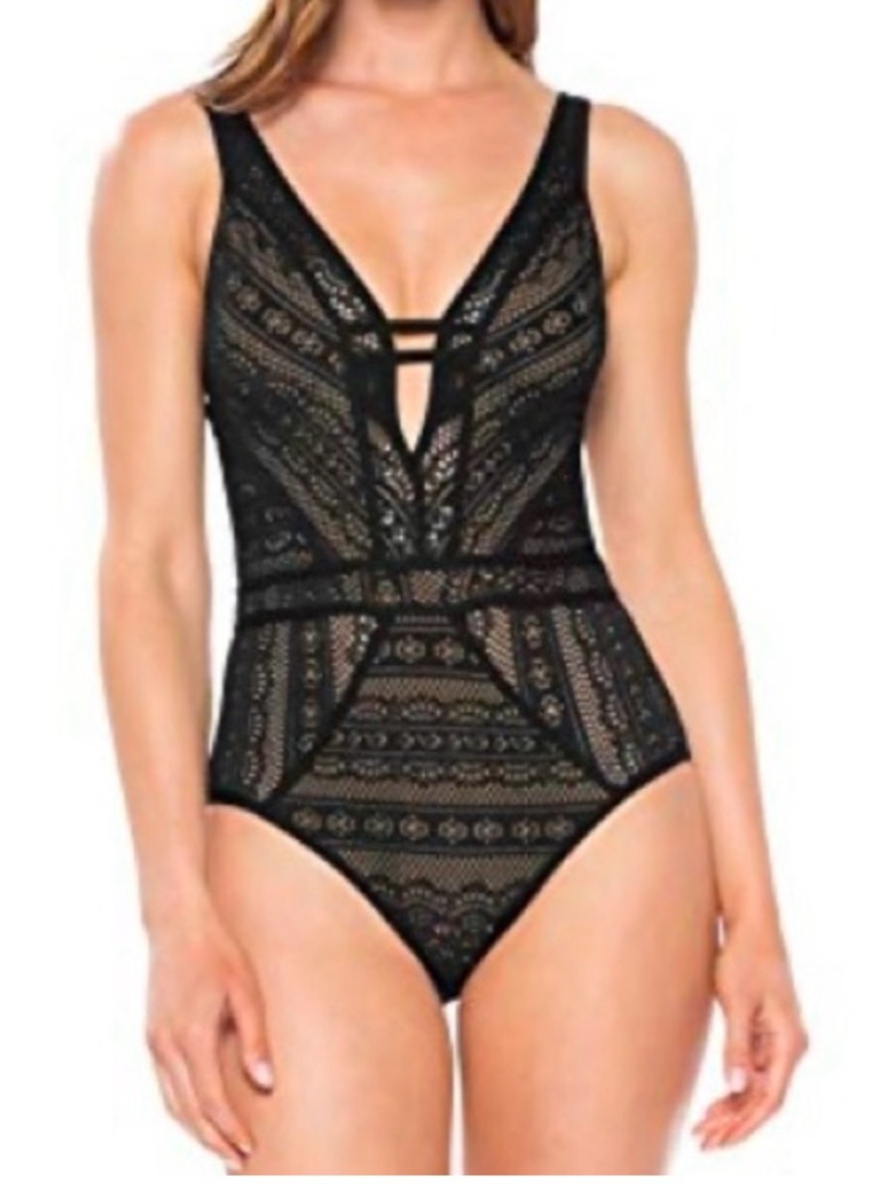 BECCA Black Show & Tell Plunge One Piece Crochet Swimsuit New With Tags